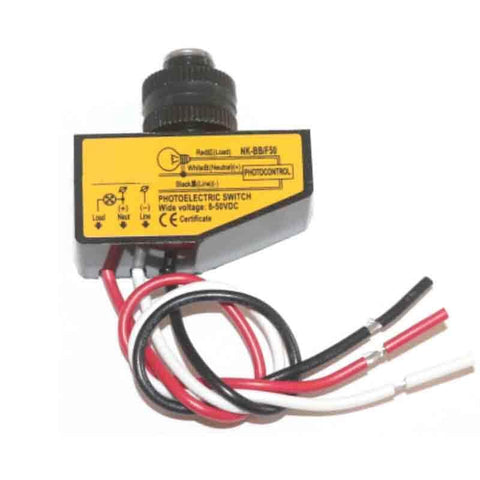 Five Pack Direct Current Photoelectric Switch For Outdoor Lighting Dusk To Dawn Sensor with wiring, weatherproof casing, and label