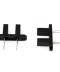 Front and side view of Five Pack HY860F Optical Sensor Switch Infrared Photoelectric Sensor 940 Nm 5.9mm Slot 4 Pins, black plastic and metal housing.