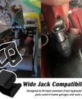 Close-up of 4-piece floor jack clamp set with ring claw clamps, dual 8mm and 6mm sizes, shown on floor jacks in a garage setting.