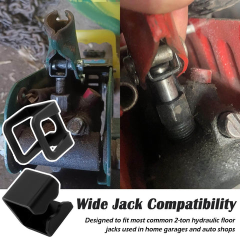 Close-up of 4-piece floor jack clamp set with ring claw clamps, dual 8mm and 6mm sizes, shown on floor jacks in a garage setting.