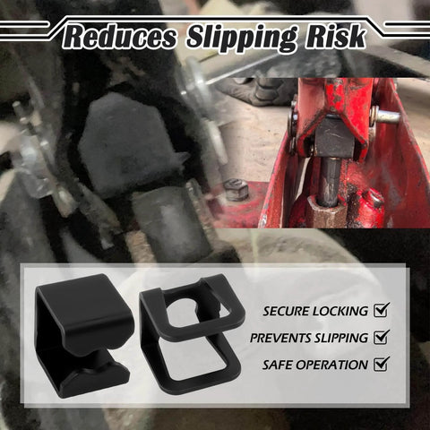 Red floor jack with 4-Piece Floor Jack Clamp Set With Ring Claw Clamps, showing secure grip and anti-slip features for safe car lifting.