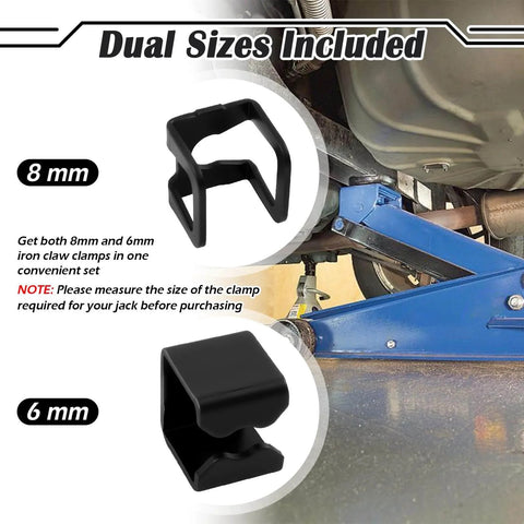 4-Piece Floor Jack Clamp Set with 8mm and 6mm Ring Claw Clamps for car jack, dual sizes for stable grip, shown with blue floor jack