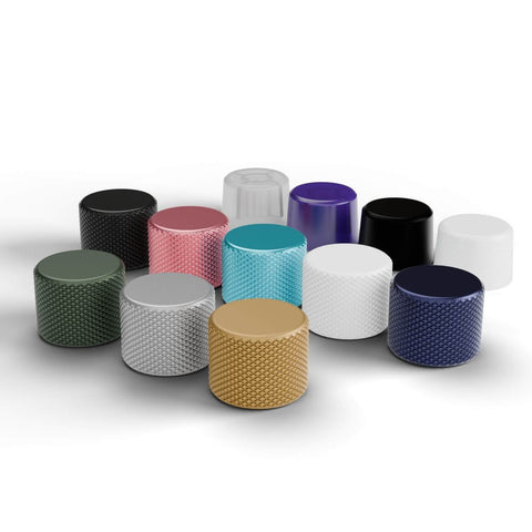 Various colored rotary knob upgrades for GMMK keyboards, featuring a liquid gold metal finish, tool-free, easy snap-on installation.