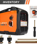 2300W Gasoline Inverter Generator With Pure Sine Wave Output, orange and black generator with accessories and manual