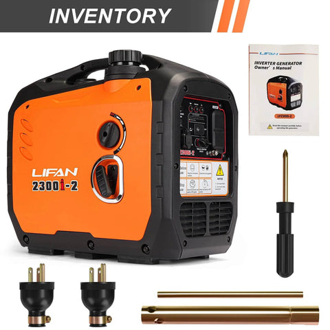 2300W Gasoline Inverter Generator With Pure Sine Wave Output, orange and black generator with accessories and manual