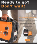 Man carrying 2300W Gasoline Inverter Generator with Pure Sine Wave Output, ultra quiet, portable power station for home and camping.