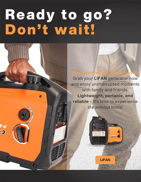Man carrying 2300W Gasoline Inverter Generator with Pure Sine Wave Output, ultra quiet, portable power station for home and camping.