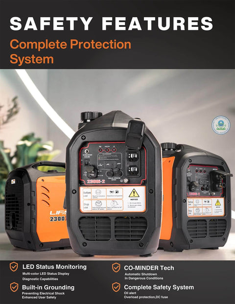 2300W Gasoline Inverter Generator with Pure Sine Wave Output showcasing safety features and front panel.