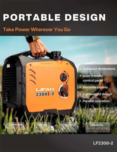 2300W Gasoline Inverter Generator With Pure Sine Wave Output in use outdoors, compact and portable design, ideal for camping and home backup.