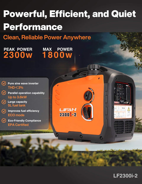 2300W Gasoline Inverter Generator With Pure Sine Wave Output standing on grass, side view displaying power indicators