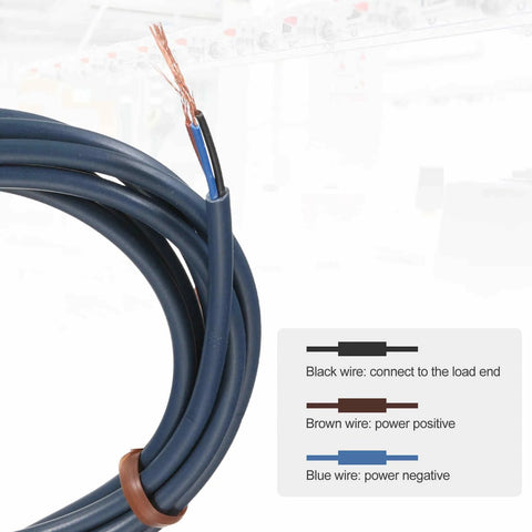 Wiring diagram for Go-To Industrial Photoelectric Sensor 12-24V DC, showing black, brown, and blue wire connections.