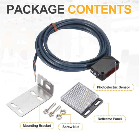 Go-To Industrial Photoelectric Sensor 12-24V DC Diffuse Reflection with mount bracket and parts displayed