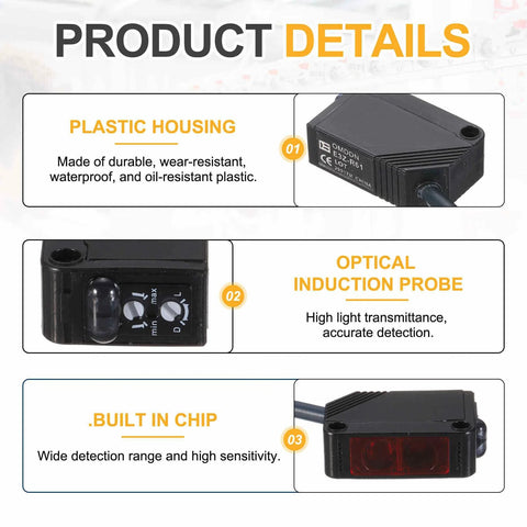 Go-To Industrial Photoelectric Sensor 12-24V DC Diffuse Reflection product details with plastic housing and optical induction probe.