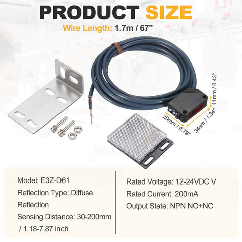 Go-To Industrial Photoelectric Sensor 12-24V DC Diffuse Reflection, 30-200mm Detection Range, with bracket and cable