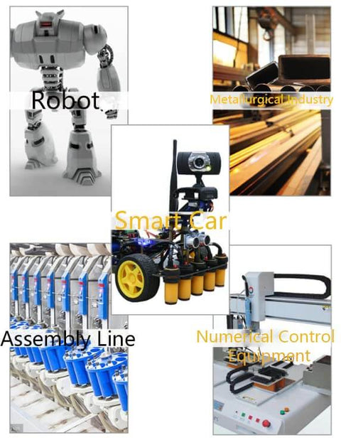 Collage of industrial automation: robot, assembly line, smart car, metallurgical industry, numerical control equipment.