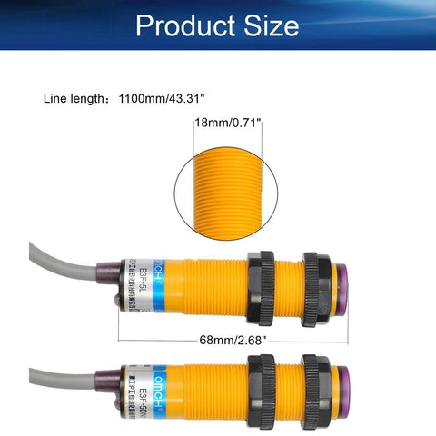 Go-To Through-Beam Photoelectric Sensor Switch Kit E3F-5L+E3F-5DN1 dimensions with 5M detection, NPN output, black orange sensors.