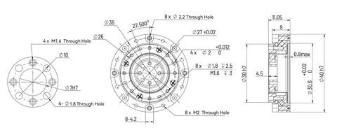 HD Mini-08 Strain Wave Gear Reducer, 25mm Harmonic Drive Gear Ratio 30:1 technical drawing with detailed dimensions.