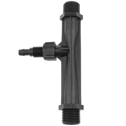 Half Inch Venturi Injector For Irrigation Systems And Fertilizer Mixing, black polypropylene, chemical resistant, front view.
