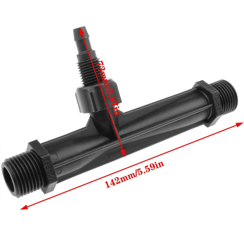 Half Inch Venturi Injector For Irrigation Systems And Fertilizer Mixing, tough polypropylene, compact design, 142mm length.