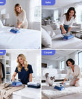 All-In-One Powerful Handheld Mattress Vacuum With Deep Vibration, UV-C Light, LED Display, and HEPA Filter being used on bed, sofa, clothes, and carpet.