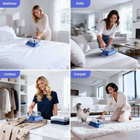All-In-One Powerful Handheld Mattress Vacuum With Deep Vibration, UV-C Light, LED Display, and HEPA Filter being used on bed, sofa, clothes, and carpet.