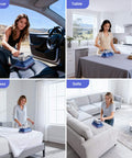 All-In-One Powerful Handheld Mattress Vacuum With Deep Vibration, UV-C Light, LED Display, and HEPA Filter used on various surfaces.