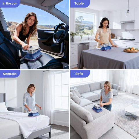 All-In-One Powerful Handheld Mattress Vacuum With Deep Vibration, UV-C Light, LED Display, and HEPA Filter used on various surfaces.
