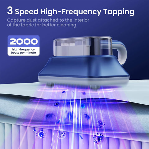 All-In-One Powerful Handheld Mattress Vacuum With Deep Vibration, UV-C Light in high-frequency tapping demonstration on mattress.