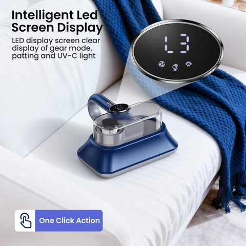 All-In-One Powerful Handheld Mattress Vacuum With Deep Vibration, UV-C Light, LED Display, And HEPA Filter on a sofa