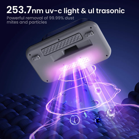 All-In-One Powerful Handheld Mattress Vacuum with deep vibration, UV-C light beam cleaning dust and allergens on fabric