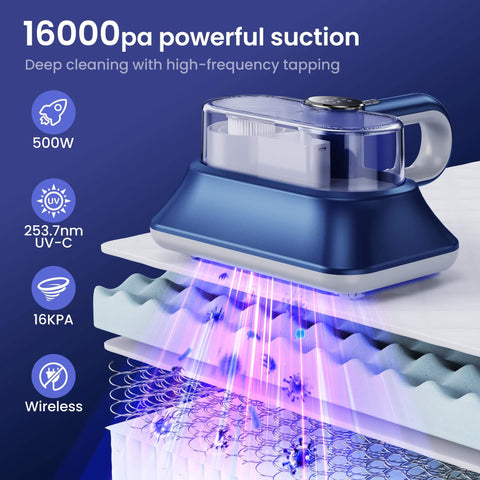 All-In-One Powerful Handheld Mattress Vacuum With Deep Vibration, UV-C Light, LED Display, and HEPA Filter on mattress