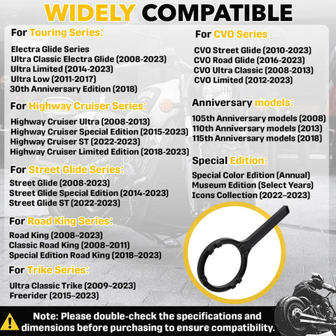 Compatibility chart for Pro Grade Fuel Pump Lock Ring Tool And Fuel Filter Wrench Replaces HD 48646 for Harley models 2008 and up.