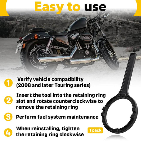 Pro Grade Fuel Pump Lock Ring Tool And Fuel Filter Wrench Replaces HD 48646 for Harley models with motorcycle background