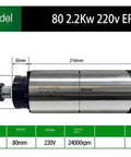 Diagram of Workhorse Round Air-Cooled Spindle for CNC Machines with 2.2KW, 220V ER20 specifications highlighted, metal body.