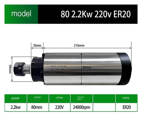 Diagram of Workhorse Round Air-Cooled Spindle for CNC Machines with 2.2KW, 220V ER20 specifications highlighted, metal body.