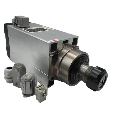 Front view of Beefed Up 7.5KW Spindle Motor With 220V Air Cooling, 0 To 18000 RPM, 4 Bearings, Plus 7.5KW VFD Inverter And ER32 Chuck Kit