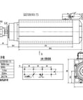 Technical diagram of Beefed Up 7.5KW Spindle Motor With 220V Air Cooling, 0 to 18000 RPM, featuring dimensions and specifications.