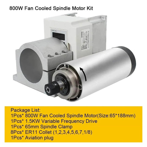 800W Fan Cooled Spindle Motor Kit with variable frequency drive and spindle clamp, featuring collet range ER11 1-8