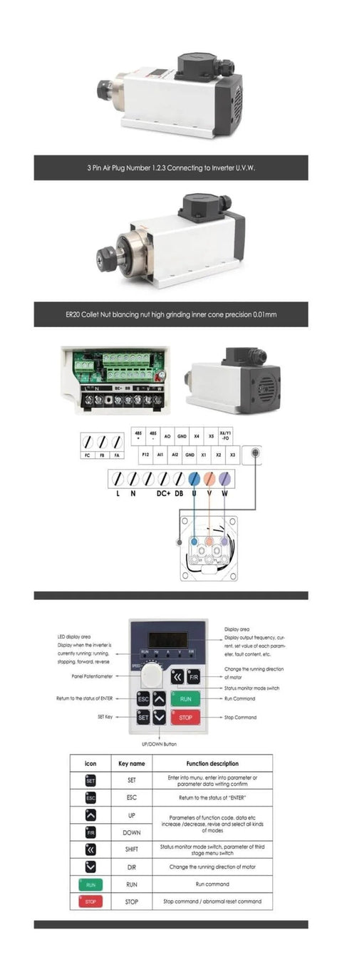 Beefy 2.2kW ER20 Air Cooled Spindle Kit With Four Ceramic Bearings 0.01mm Runout 24,000 RPM Square Type With Flange And 220V Frequency Drive