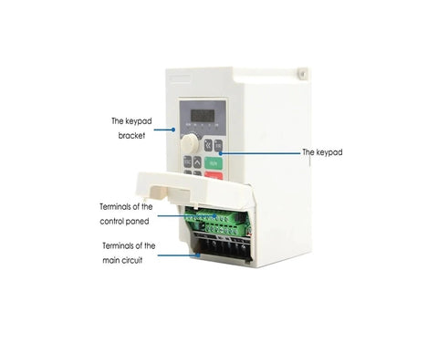 Front view of 220V frequency drive for Beefy 2.2kW ER20 Air Cooled Spindle Kit, showing keypad and circuit terminals.