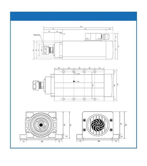 Technical diagram of Beefy 2.2kW ER20 Air Cooled Spindle Kit With Four Ceramic Bearings showing dimensions and design details.