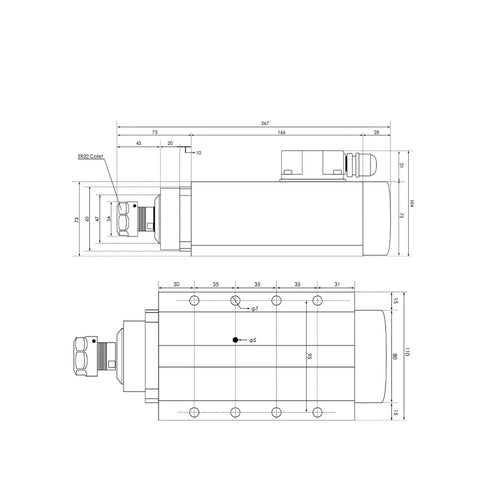Technical drawing of the Beefy 2.2kW ER20 Air Cooled Spindle Kit With Four Ceramic Bearings 0.01mm Runout 24,000 RPM Square Type.
