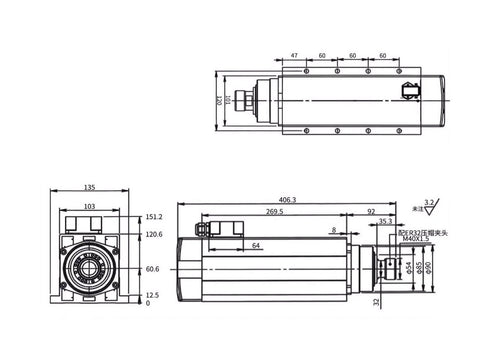 Technical diagram of 7.5KW Square Air Cooled Spindle Motor With 4 Bearings And Flange For CNC Machines