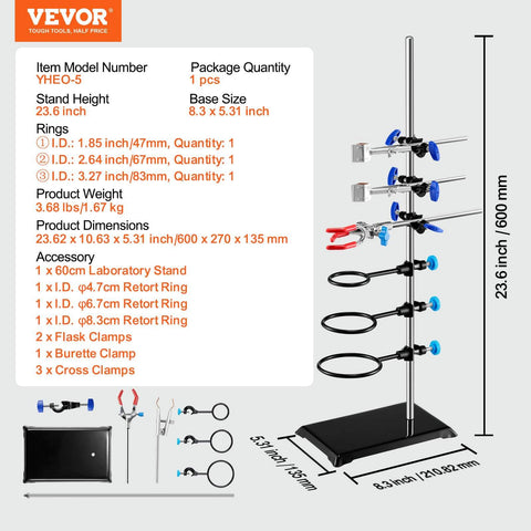 Beefy Lab Stand Support For Chemistry Lab, Heavy Duty Retort Stand With 23.6 Inch Rod and Cast Iron Base shown with clamps