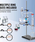 Beefy Lab Stand Support For Chemistry Lab, Heavy Duty Retort Stand With 23.6 Inch Rod, multiple rings, flask setup, blue background