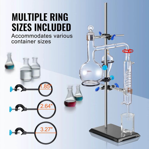 Beefy Lab Stand Support For Chemistry Lab, Heavy Duty Retort Stand With 23.6 Inch Rod, multiple rings, flask setup, blue background