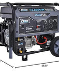 Side view of Heavy Duty Portable Dual Fuel Generator With Electric Start Delivers 12,000 Peak Watts And 9,500 Rated Watts On Gas 10,800 Peak And 8,550 Rated Watts On LPG Transfer Switch Ready RV Ready CARB Compliant Built For Emergencies with measurements
