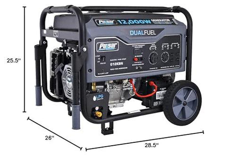 Side view of Heavy Duty Portable Dual Fuel Generator With Electric Start Delivers 12,000 Peak Watts And 9,500 Rated Watts On Gas 10,800 Peak And 8,550 Rated Watts On LPG Transfer Switch Ready RV Ready CARB Compliant Built For Emergencies with measurements