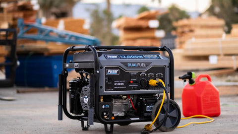 Heavy Duty Portable Dual Fuel Generator With Electric Start Delivers 12,000 Peak Watts And 9,500 Rated Watts On Gas in outdoor setting