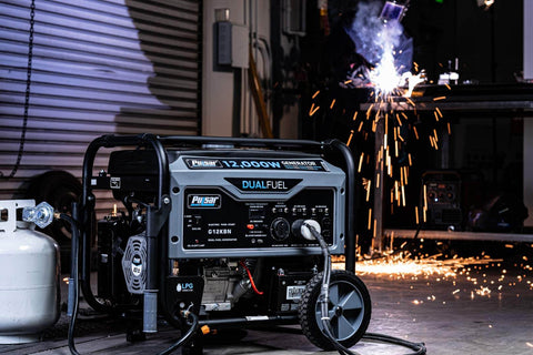 Heavy Duty Portable Dual Fuel Generator With Electric Start Delivers 12,000 Peak Watts And 9,500 Rated Watts On Gas in a workshop